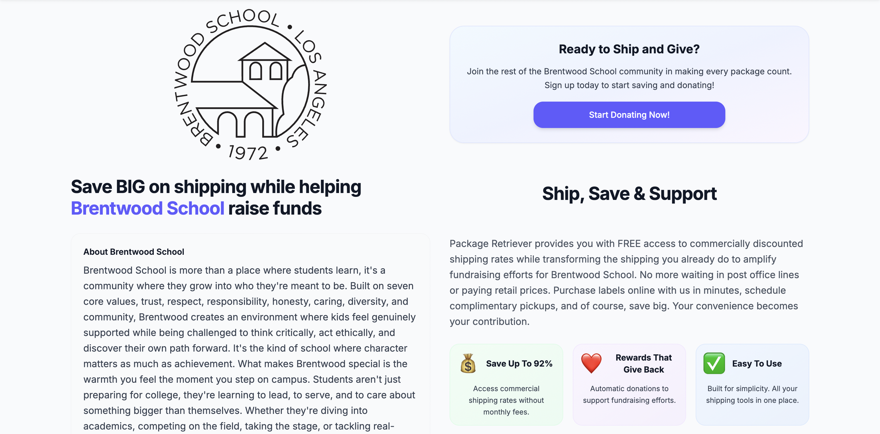 Custom organization landing page with mission and donation information